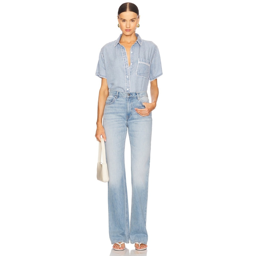 Rails Lea Denim Shirt L Short Sleeve Blanket Stitch Blue Medium Cloud Wash - Picture 3 of 16